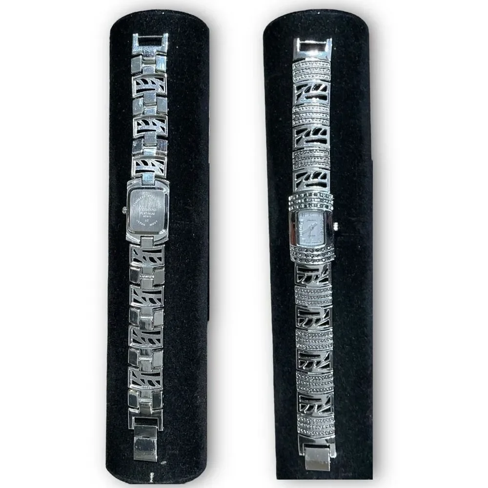 Geneva Y2K Vintage Platinum with Back & Crystal Rhinestones Tonneau Shaped Face